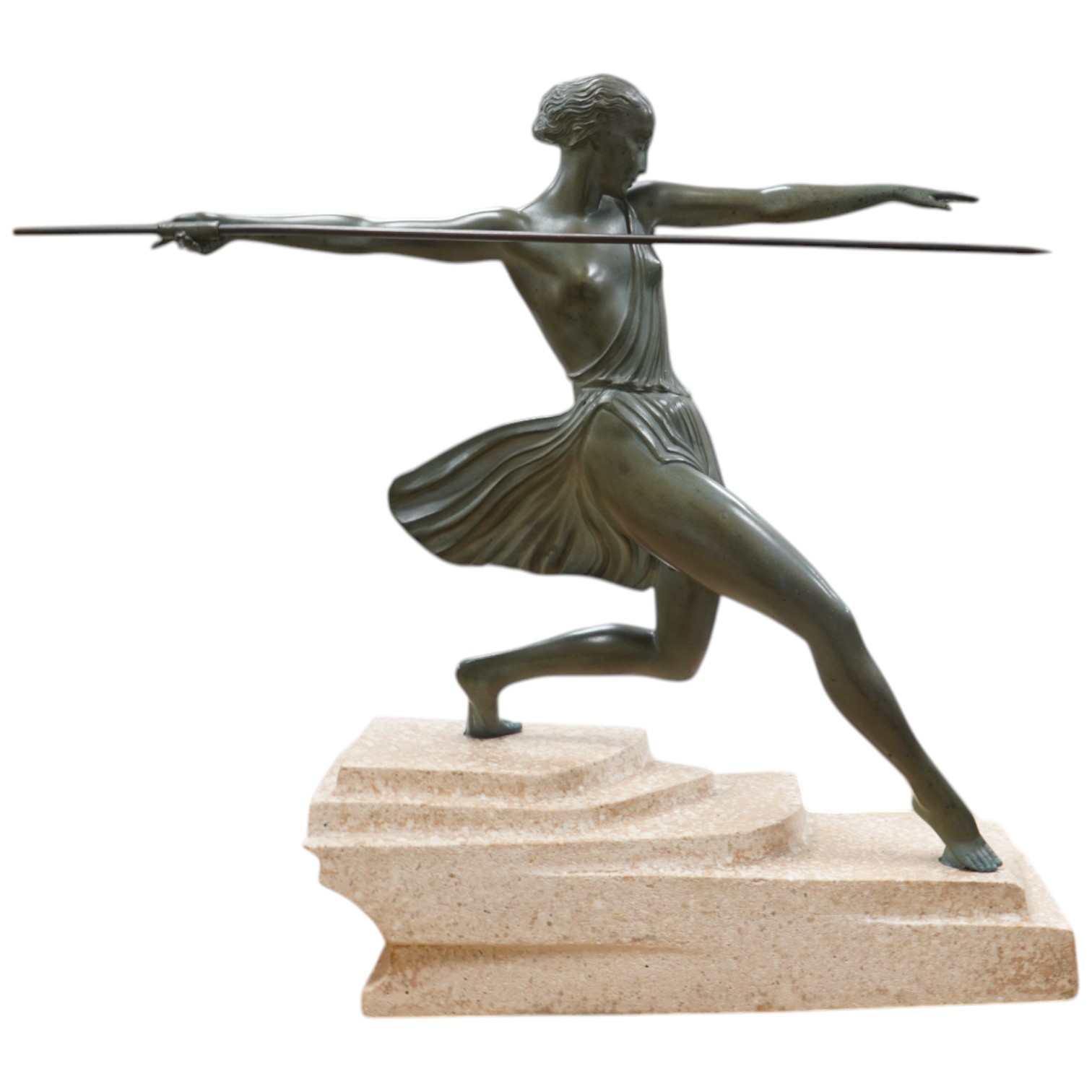 Pierre Le Faguays, (Fayral) - Bronzed metal on stone, ‘the huntress’. 42cm wide x 39cm high